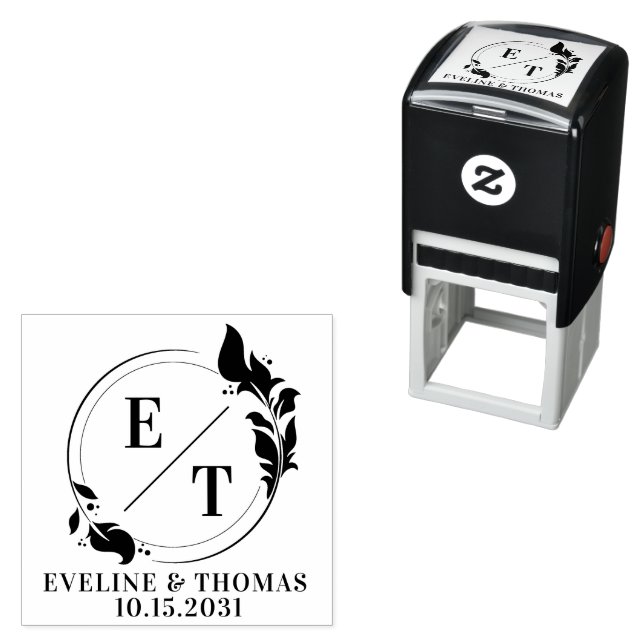 Tampon Auto-encreur Logo de monogramme de mariage de couronne tropical (En situation)