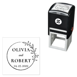 Tampon Auto-encreur Logo du monogramme du mariage botanique à couronne