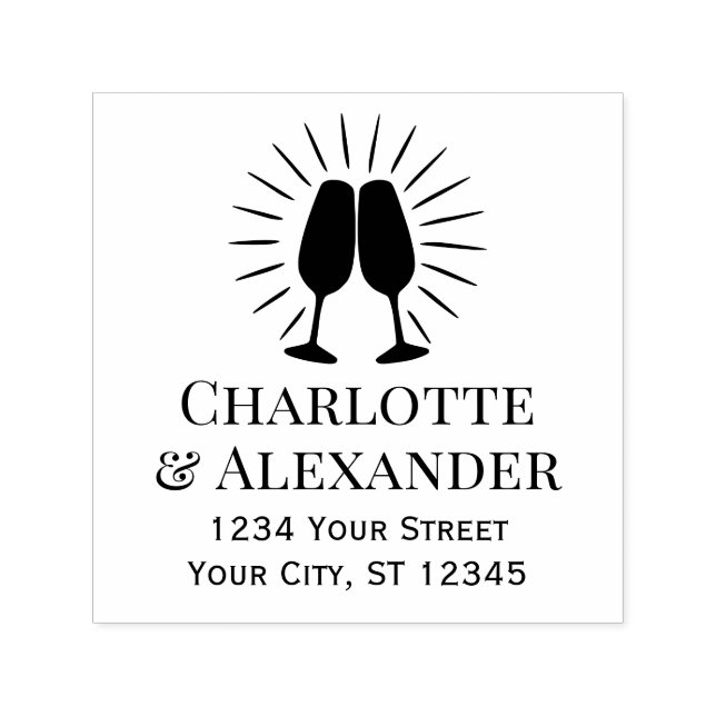 Tampon Auto-encreur Lunettes de champagne Couple Noms Adresse (Design)