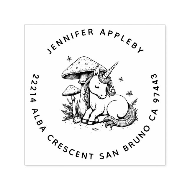 Tampon Auto-encreur Magic Baby Unicorn Under Toadstool Adresse de reto (Design)