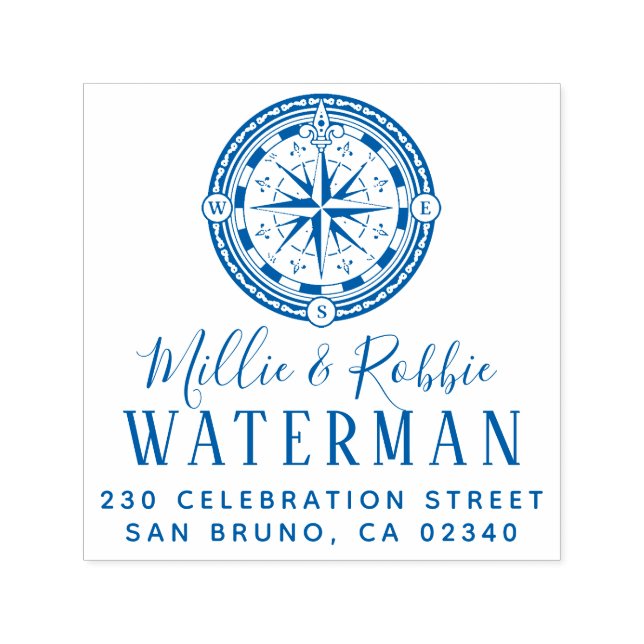 Tampon Auto-encreur Mariage côtier Compass Nautique Adresse de retour (Design)