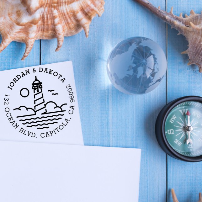 Tampon Auto-encreur Mariage rond du phare nautique Adresse de retour (Créateur téléchargé)