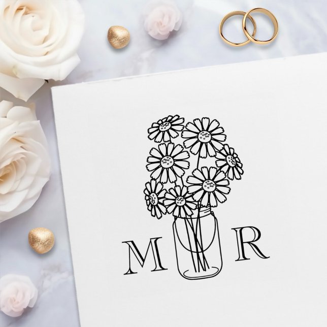 Tampon Auto-encreur Mason Jar Daisy Fleurs Mariage Monogrammes Initial (Créateur téléchargé)