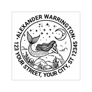 Tampon Auto-encreur Mermaid Lying on Rocks Moon Nom Adresse de retour