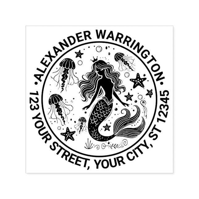 Tampon Auto-encreur Mermaid Starfish Jellfish Nom Adresse de retour (Design)