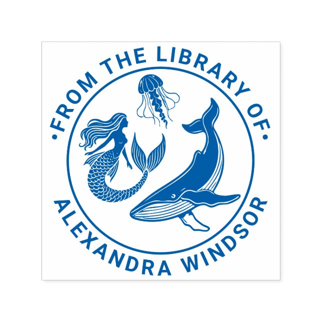 Tampon Auto-encreur Mermaid, Whale, Jellyfish Library Nom du livre (Design)