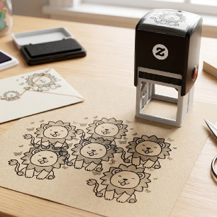 Tampon Auto-encreur Mignon lion Kawaii souriant avec papillons de dess