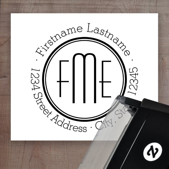 Tampon Auto-encreur Mince monogramme triple avec nom et adresse de ret (Créateur téléchargé)