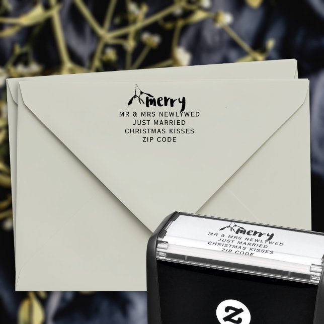 Tampon Auto-encreur Modern Merry Mistletoe Noël Adresse de retour (A modern merry mistletoe festive return address self inking stamp with space for your details)
