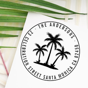 Tampon Auto-encreur Modern Palm Trees Round Nom de famille Retour Adre