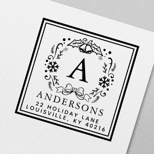 Tampon Auto-encreur Monogramme de couronne de Noël Adresse de vacances
