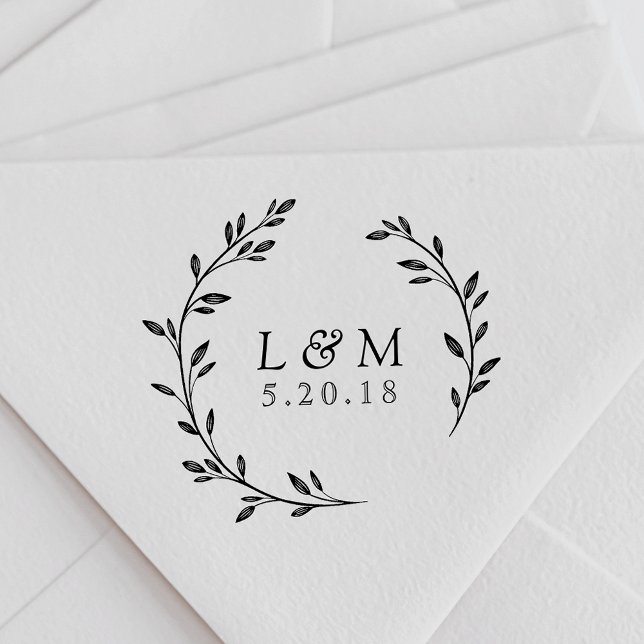 Tampon Auto-encreur Monogramme de mariage à couronne de feuillage (Créateur téléchargé)
