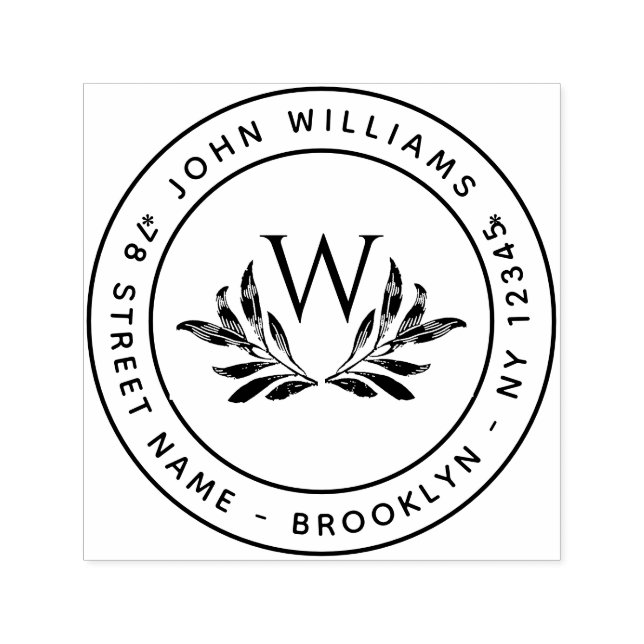 Tampon Auto-encreur Monogramme et Feuille Ronde Adresse initiale (Design)