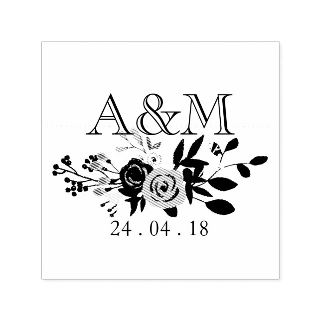 Tampon Auto-encreur Monogramme Mariage en fleur rose (Design)