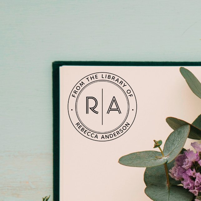 Tampon Auto-encreur Monogramme Ouvert Minimal Moderne De la Bibliothèq (Créateur téléchargé)