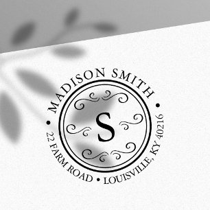 Tampon Auto-encreur Monogramme rond fleuri décoratif Adresse