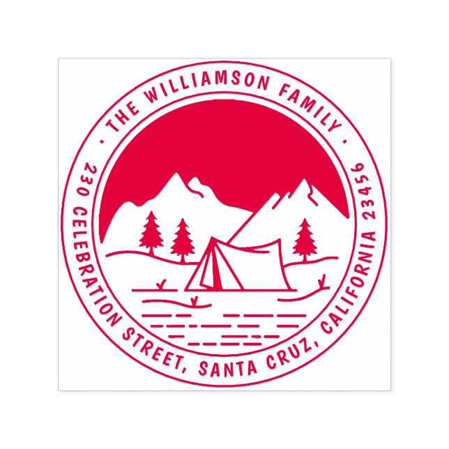 Tampon Auto-encreur Mountain & Pines Round Camping Adresse de retour (Design)
