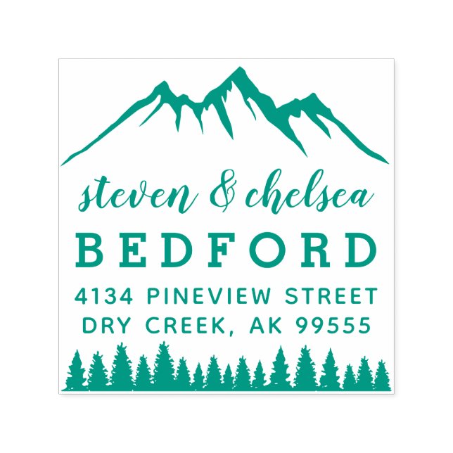 Tampon Auto-encreur Mountains & Pines Marié Couple Adresse de retour (Design)