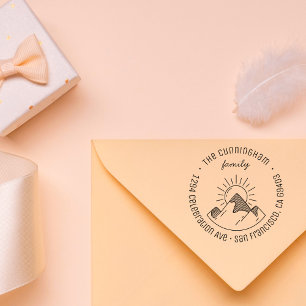 Tampon Auto-encreur Mountains & Sun Nom de famille Ronde Adresse de re