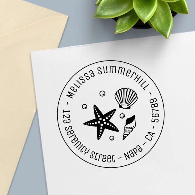 Tampon Auto-encreur Nautical Seashell Starfish Pearls Adresse ronde (Créateur téléchargé)