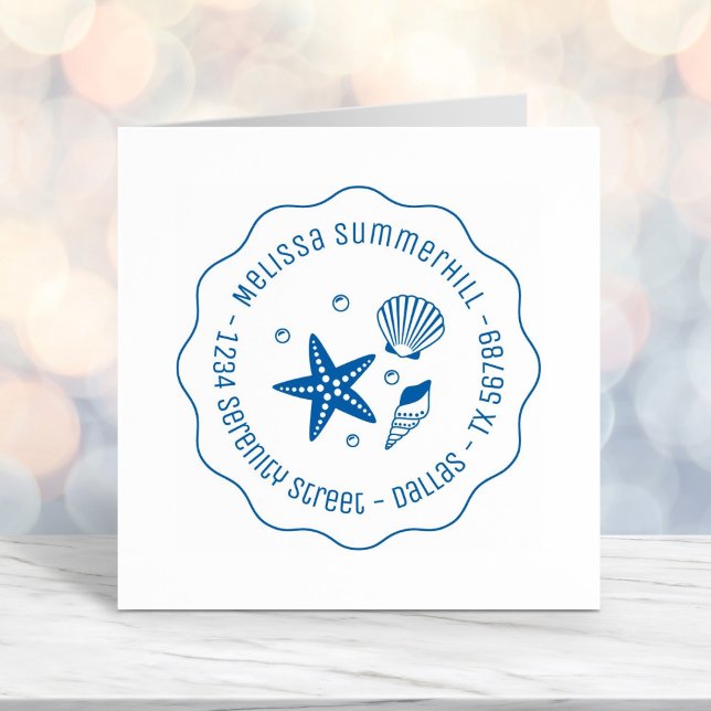 Tampon Auto-encreur Nautical Seashell Starfish Pearls Wavavy Address (Créateur téléchargé)