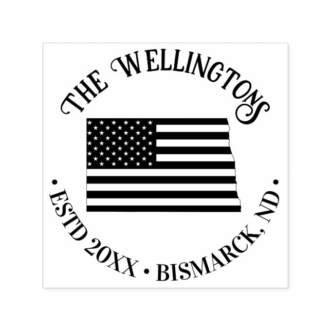 Tampon Auto-encreur ND State Map Stars Stripes Nom de famille Date Loc (Design)