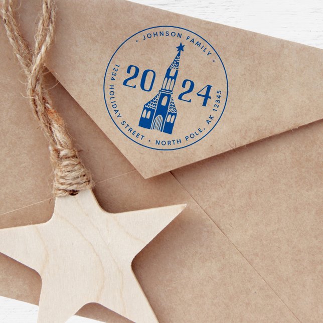 Tampon Auto-encreur Noël de l'église du village nordique d'hiver (Cute Winter House Village Church Christmas Self-inking Stamp)