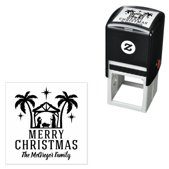 Tampon Auto-encreur Noël Nativité Joyeux Noël Nom de famille (En situation)