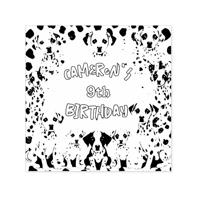 Tampon Auto-encreur Noir et blanc Dalmatie chiot fête d'anniversaire (Design)