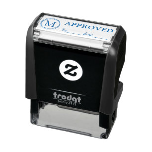 Tampon Auto-encreur Nom APPROUVÉ Date Monogramme Coque noir encre bleu