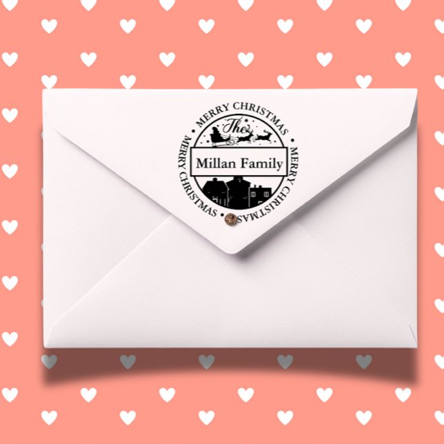 Tampon Auto-encreur Nom de famille Joyeux Noël thème Père Noël (Personalize your holiday cards with a Merry Christmas Santa self-inking stamp )
