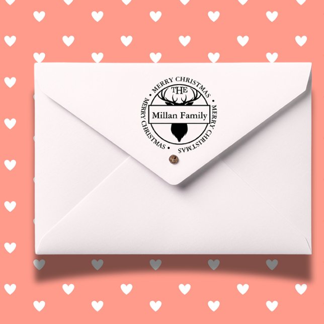 Tampon Auto-encreur Nom de famille Joyeux thème de Noël Reinder (Personalize your holiday cards with a Family Name Merry Christmas Reindeer self-inking stamp.  )