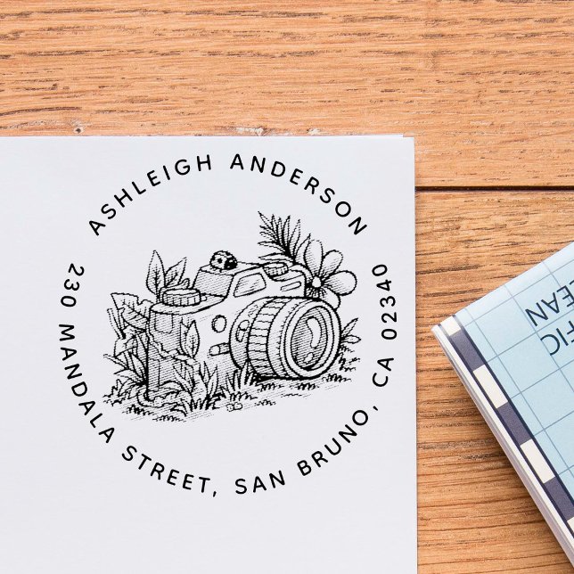 Tampon Auto-encreur Nom de la caméra florale et adresse de retour rond (Créateur téléchargé)