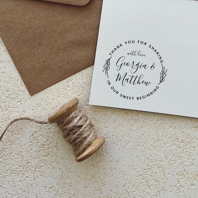 Tampon Auto-encreur Noms de script Feuille rustique Merci Mariage rond (Créateur téléchargé)
