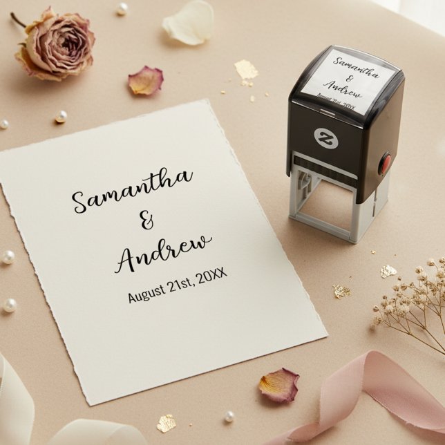 Tampon Auto-encreur Noms et date du Mariage des nouveaux mariés person (Elegant minimalist wedding stamp with custom names and wedding date.)