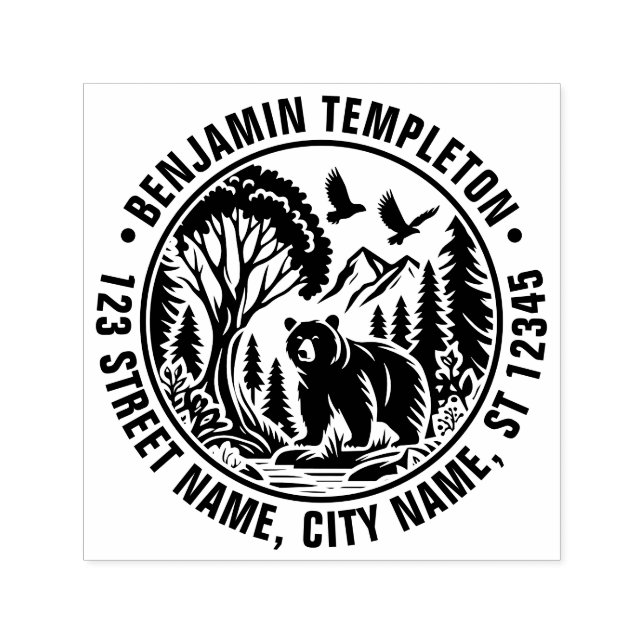 Tampon Auto-encreur Ours et arbres Silhouette #3 Nom Adresse de retour (Design)