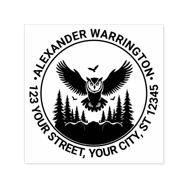 Tampon Auto-encreur Owl Flying Front View Fir Trees Nom Ret Adresse (Design)