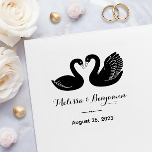 Tampon Auto-encreur Paire de cygnes noirs Enregistrer la date Mariage