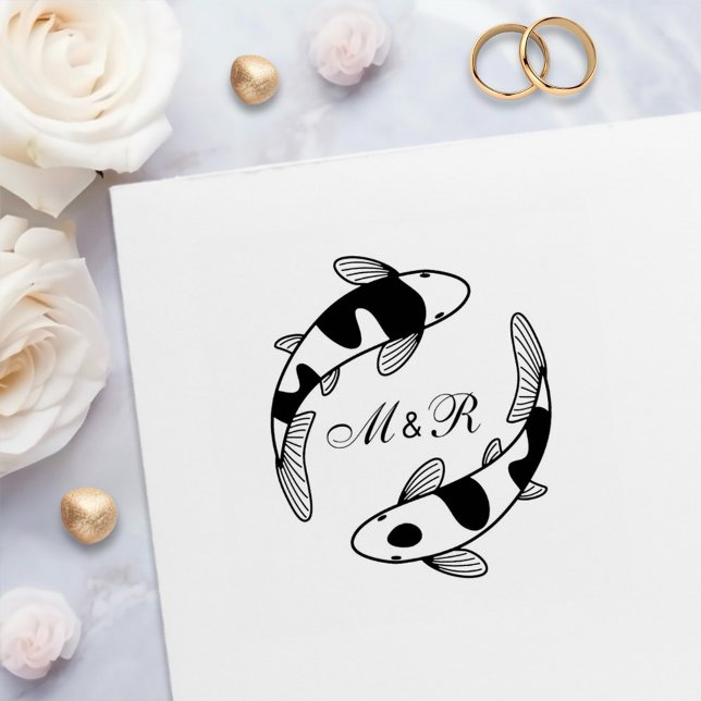 Tampon Auto-encreur Paire de poissons Koi japonais Monogramme de maria (Créateur téléchargé)