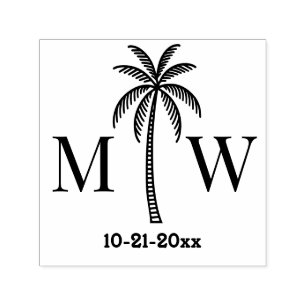 Tampon Auto-encreur Palmier Initial Couple Mariage Monogramme Date #5