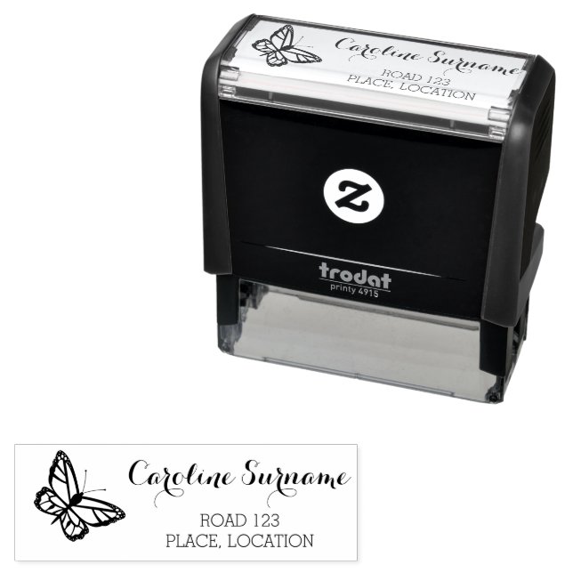 Tampon Auto-encreur Papillon avec nom et informations d'adresse (En situation)