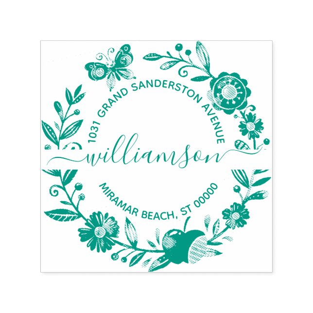 Tampon Auto-encreur Papillon floral Elegant Wreath Adresse de retour (Design)