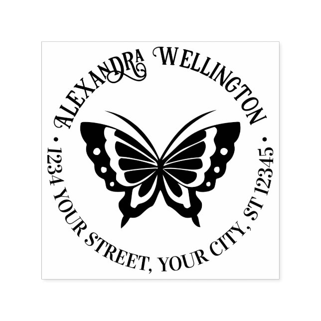 Tampon Auto-encreur Papillon Silhouette Nom rond Adresse de retour #2 (Design)