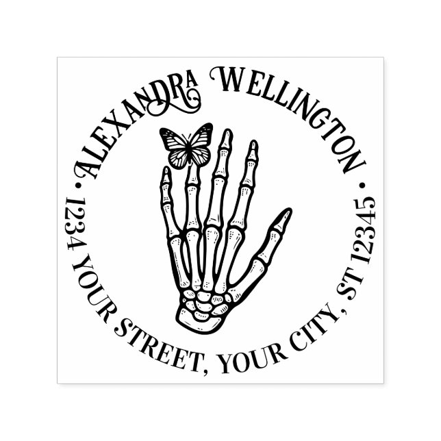 Tampon Auto-encreur Papillon sur Squelette Nom de la main Adresse de r (Design)