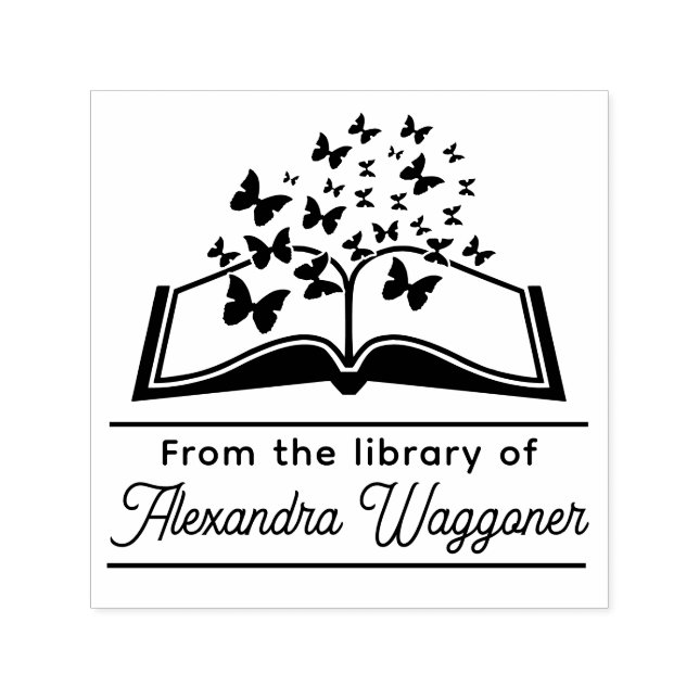 Tampon Auto-encreur Papillons Livre "De la bibliothèque de" Nom (Design)