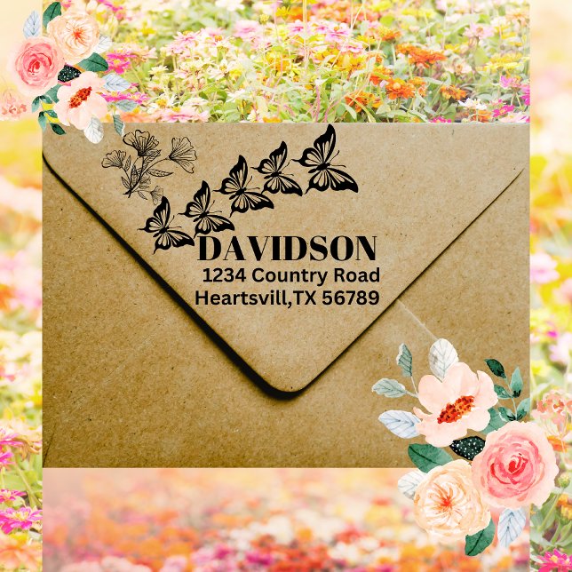 Tampon Auto-encreur Papillons Nom de famille et adresse personnalisés (Créateur téléchargé)