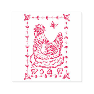 Tampon Auto-encreur PAYS HEN, NEST, OEUFS, POULET ART DE FOLK BORDER n