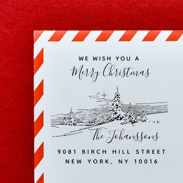 Tampon Auto-encreur Paysage d'hiver Famille de Noël Adresse de retour (Winter Landscape Christmas Family Return Address Self-inking Stamp)