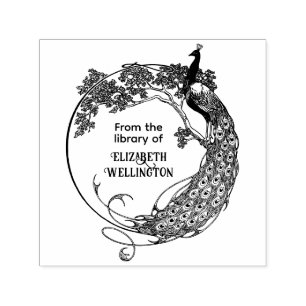 Tampon Auto-encreur Peacock In Rnd Frame Art Nouveau Library Nom du li