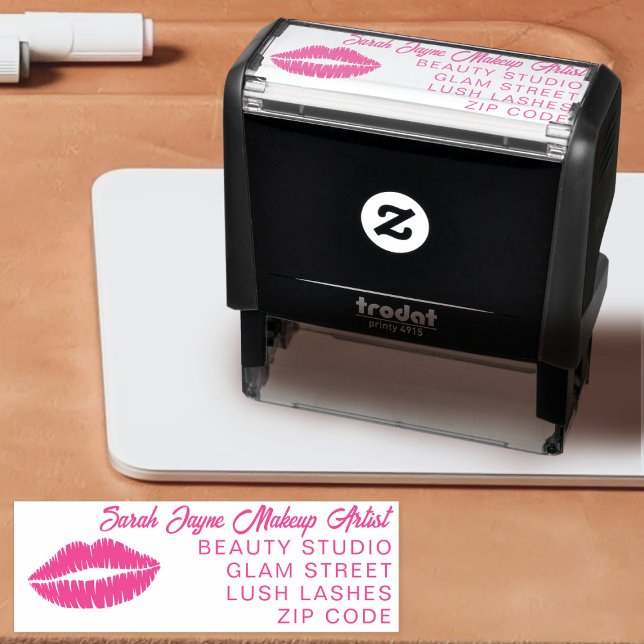 Tampon Auto-encreur Peintre de maquillage des lèvres roses Adresse Tim (Perfect address stamp for your makeup business. Just add your details)